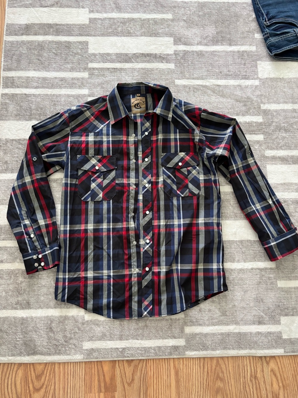 Coevals club Men's Plaid Button-Up Shirt in Navy, Red & White